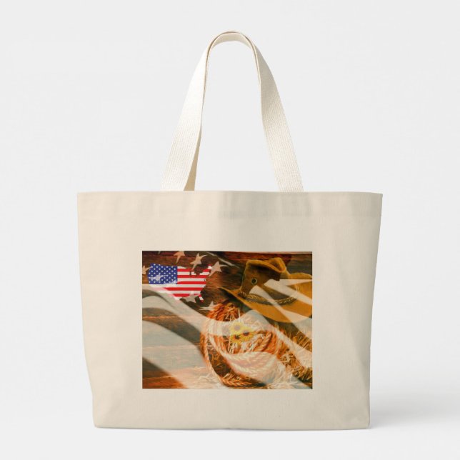 Bolsa Tote Grande Cowboy Hat Lasso American Flag Sunrays (Verso)