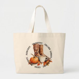 Bolsa Tote Grande Cozy Fall Vibes - Boots, Pumpkin Spice, Bonfire