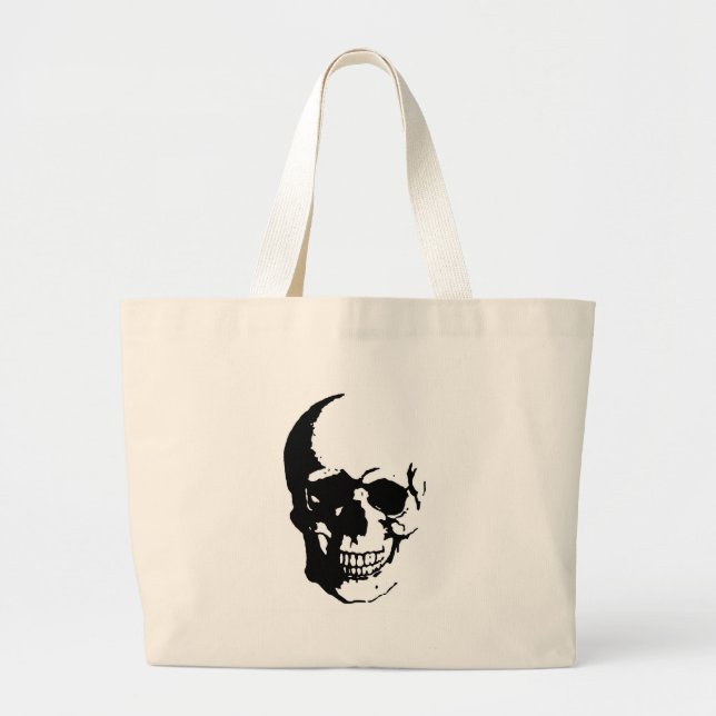 Bolsa Tote Grande Crânio - Arte de Fantasia de Metal Negro e Branco (Frente)