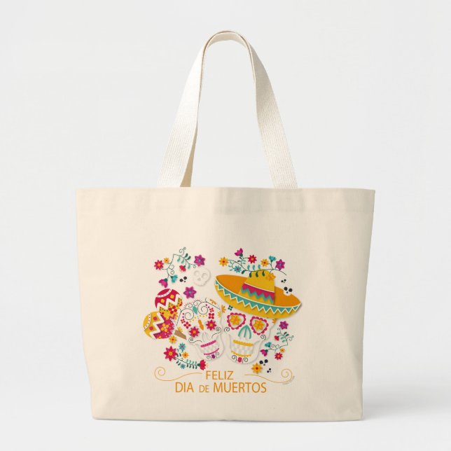 Bolsa Tote Grande Crânios e flores de açúcar de festa (Frente)