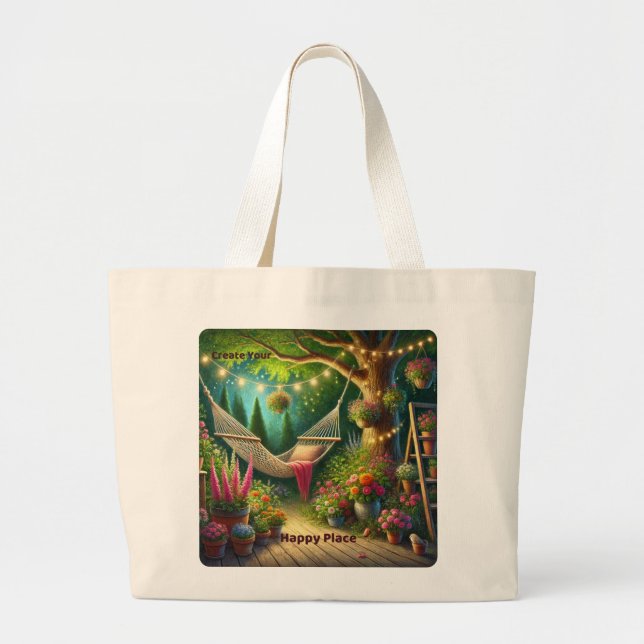 Bolsa Tote Grande Crie seu lugar feliz - Design de jardim tranquilo (Frente)
