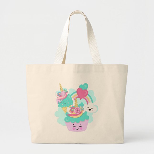 Bolsa Tote Grande Cupcake bonito e Sorvete feliz (Frente)