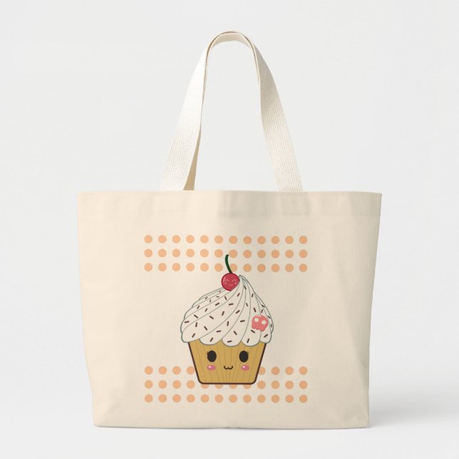 Bolsa Tote Grande Cupcake de Kawaii nas bolinhas (Frente)