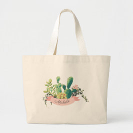 Bolsa Tote Grande Cute Boho Personalized Name Cactus Trendy Graphic