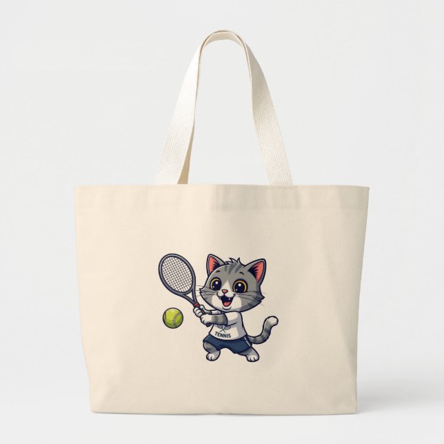 Bolsa Tote Grande Cute cat playing tennis (Frente)