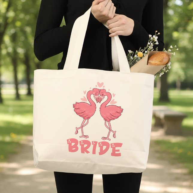 Bolsa Tote Grande Cute Flamingo Wedding Tropical Beach Bride (Criador carregado)