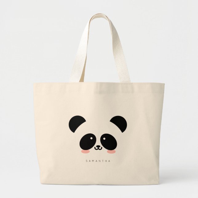 Bolsa Tote Grande Cute Kawaii Panda | Adicione o seu nome à barra de (Frente)