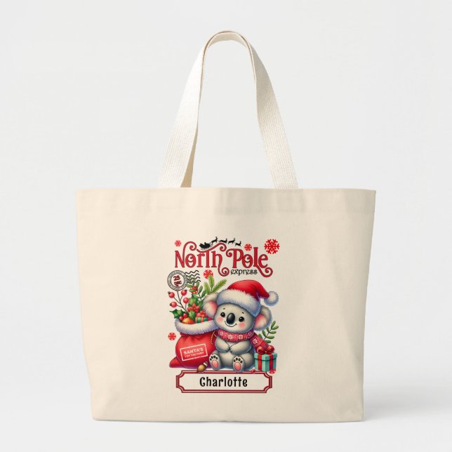 Bolsa Tote Grande Cute Koala Chirstmas Nome Personalizado (Frente)