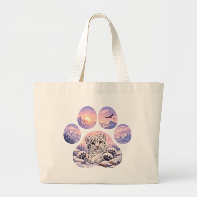 Bolsa Tote Grande Cute Snow Leopard Paw Mountain Design (Frente)