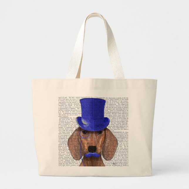 Bolsa Tote Grande Dachshund com Chapéu Azul e bigode Azul (Frente)