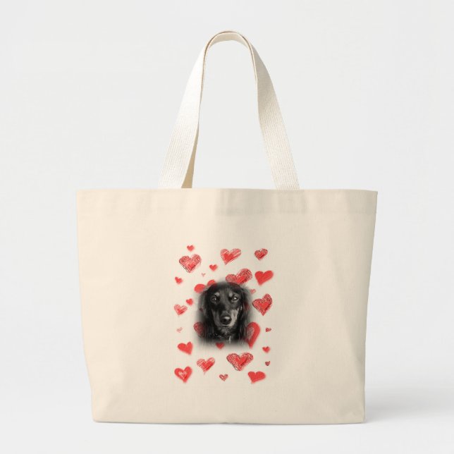Bolsa Tote Grande Dachshund com Corações Vermelhos (Frente)
