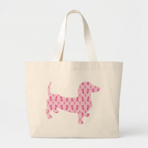 Bolsa Tote Grande Dachshund Rosa de Consciência do Cancer da Mama