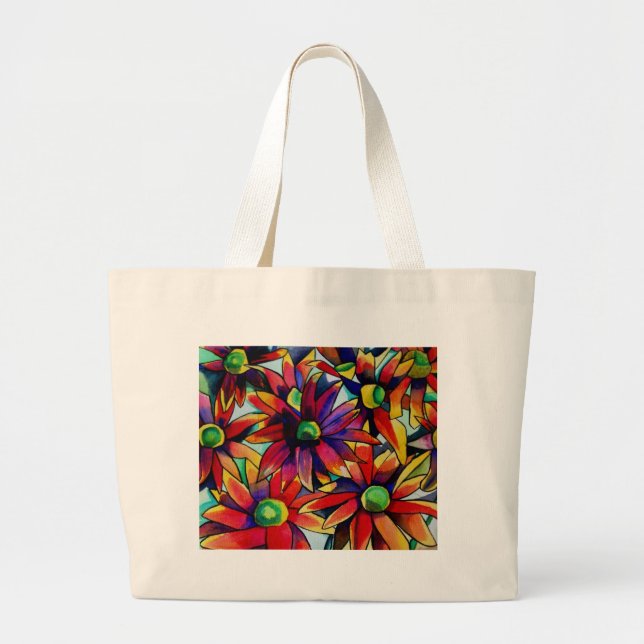 Bolsa Tote Grande Daisy Straw, flores silvestres multicoloridas (Frente)