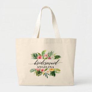 Bolsa Tote Grande Dama de honra floral tropical da caligrafia do