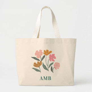Bolsa Tote Grande Damas de honra com ilustração floral de monograma