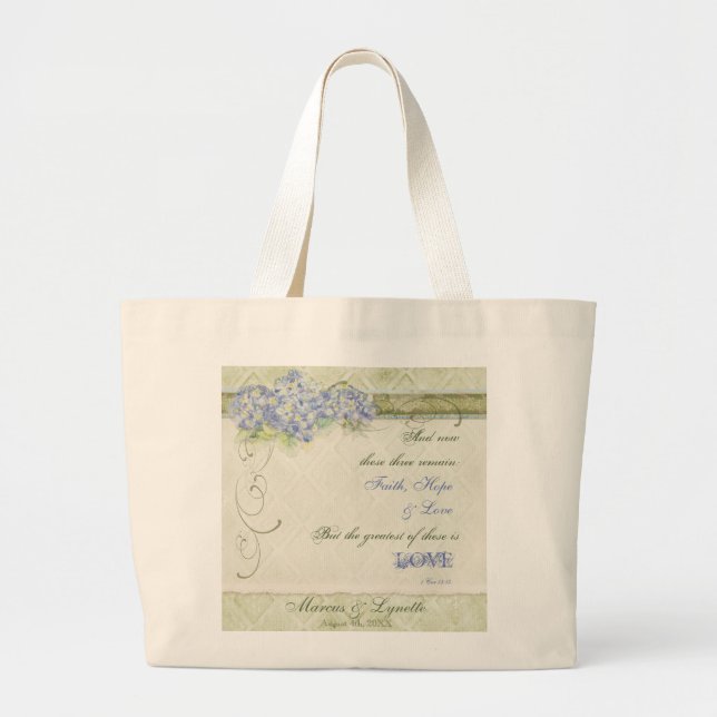 Bolsa Tote Grande Damasco floral do redemoinho do Hydrangea azul do (Frente)