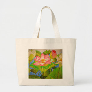 Bolsa Tote Grande De Lotus do rosa pintura da arte da aguarela