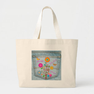Bolsa Tote Grande Denim Back Pocket Flores Paz Esperança