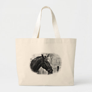 Bolsa Tote Grande Desenho do Cavalo Branco Negro