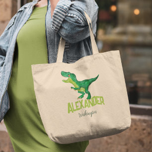 Bolsa Tote Grande Dinossauro Aquarela com Nome para Crianças