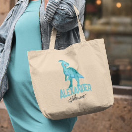 Bolsa Tote Grande Dinossauro Azul com Cor de Água com Nome para Cria