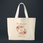 Bolsa Tote Grande Dourado Monograma, Bridesmaid, Cor-de-Rosa Floral<br><div class="desc">Cor-de-água Rosa Esbranquiçada Monograma Floral Dourado Monograma Bridesmaid Tob - Grande</div>