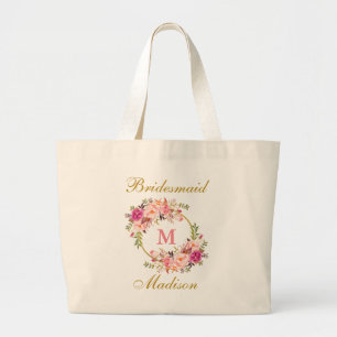 Bolsa Tote Grande Dourado Monograma, Bridesmaid, Cor-de-Rosa Floral