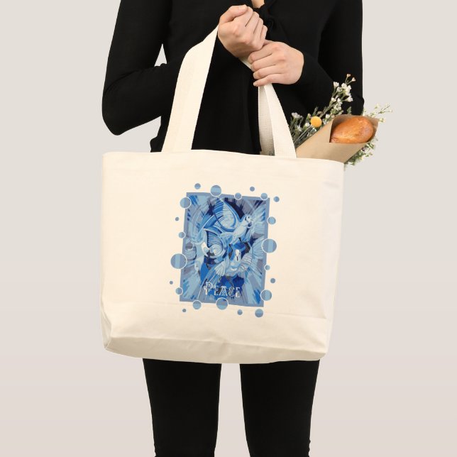 Bolsa Tote Grande Dove Com Texto De Paz Celta Em Tons Azuis (Frente (produto))