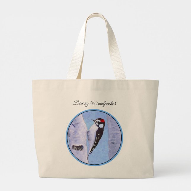 Bolsa Tote Grande Downy Woodpecker Aspen Pintura Original (Verso)