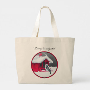 Bolsa Tote Grande Downy Woodpecker sobre Arte Original de Pássaro no