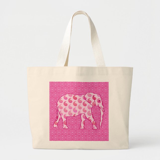Bolsa Tote Grande Elefante de Paisley - rosa-gelo e fuchsia (Frente)
