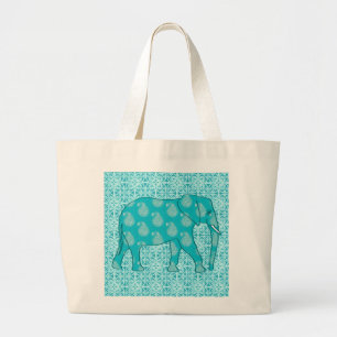 Bolsa Tote Grande Elefante de Paisley - turquesa e aqua