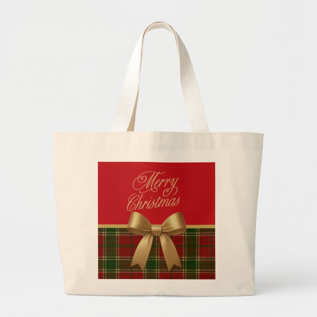 Bolsa Tote Grande Elegant Christmas Plaid Collection with Gold Bow (Frente)