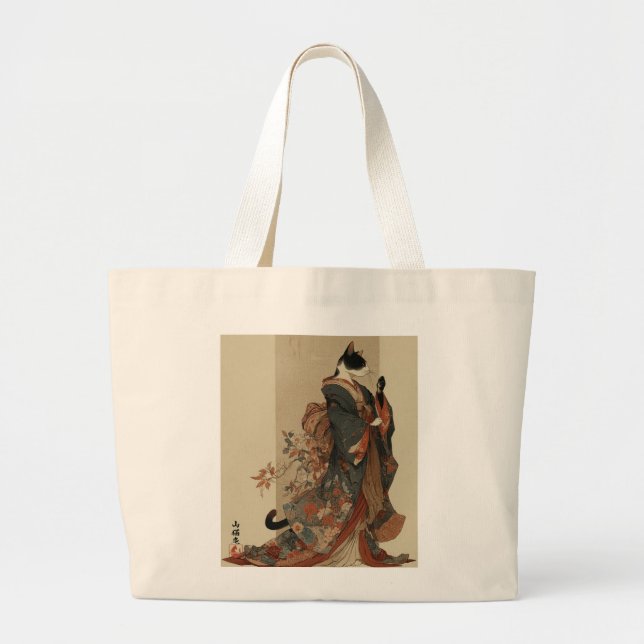 Bolsa Tote Grande "Elegant Grace" Japanese Cat in Kimono Art (Frente)