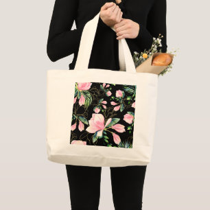 Bolsa Tote Grande Elegant Pink Magnolia Pattern Watercolor