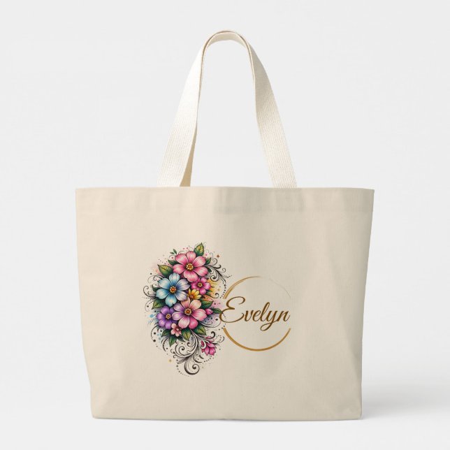 Bolsa Tote Grande Elegant Vertical Flower Bouquet Illustration (Verso)