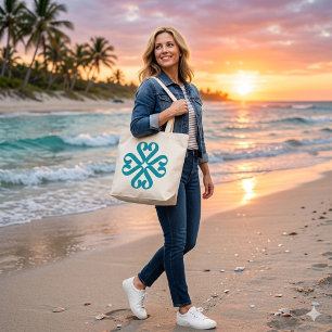 Bolsa Tote Grande Elegante Monograma Floral Abstrato em Verde Azul