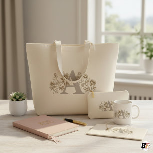 Bolsa Tote Grande Elegante Monograma Floral Vintage Personalizado Le