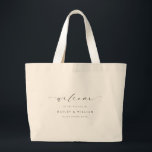 Bolsa Tote Grande Ellesmere Wedding Bem-vindo Grande Tote Bag<br><div class="desc">Bem-vindos aos seus convidados ao seu casamento com a bolsa de casamento Ellesmere. Esta mala de presentes de boas-vindas do casamento apresenta um design minimalista com um título de caligrafia. Os nomes e a data podem ser personalizados para se adequarem ao seu casamento, no entanto, o cabeçalho do script é...</div>