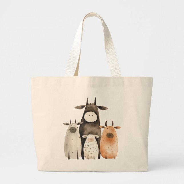 Bolsa Tote Grande Engraçada e engraçada aquarela vacas com humor fam (Frente)