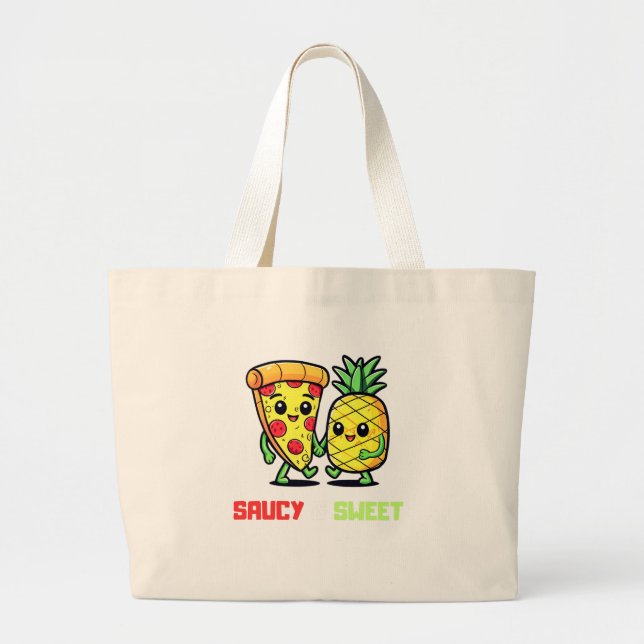 Bolsa Tote Grande Engraçado Fofo Kawaii Pizza Abacaxi Amigos Saucy (Frente)