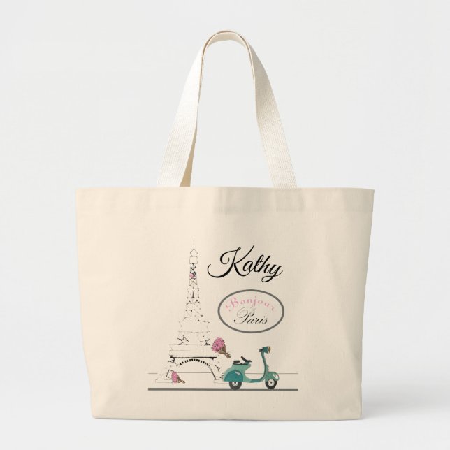 Bolsa Tote Grande Equitação do patinete após a torre Eiffel Paris (Frente)