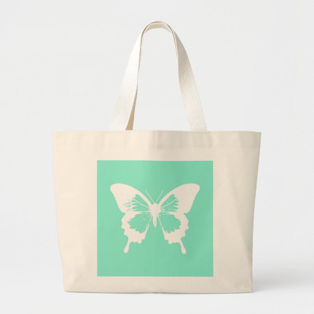 Bolsa Tote Grande Esboço da borboleta, aqua e branco (Frente)