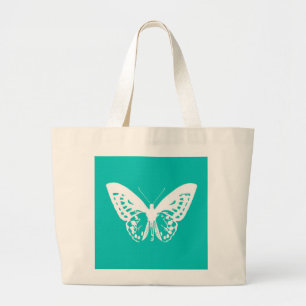Bolsa Tote Grande Esboço da borboleta, turquesa e branco