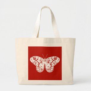Bolsa Tote Grande Esboço da borboleta, vermelho escuro e branco