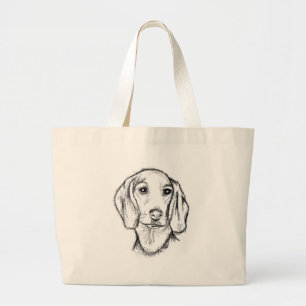 Bolsa Tote Grande esboço desenhado à mão de cachorro dachshund preto