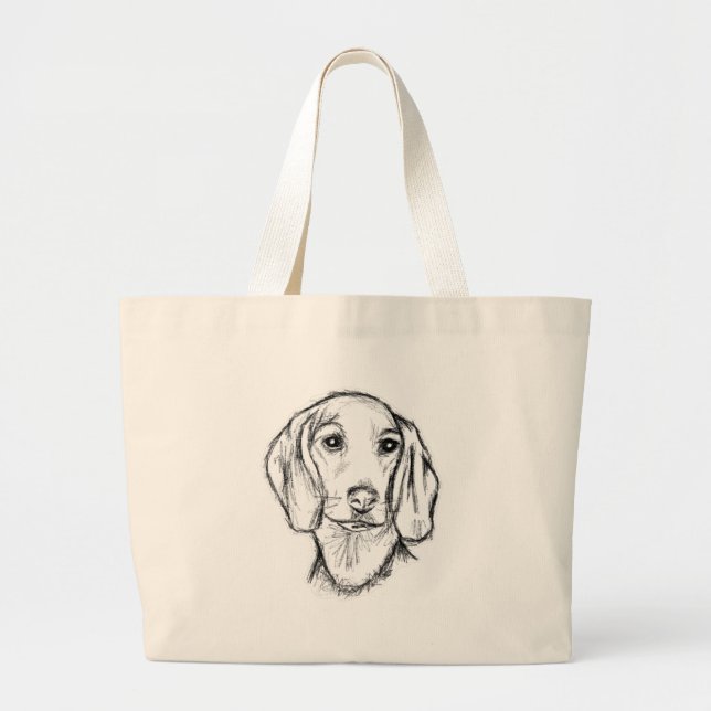 Bolsa Tote Grande esboço desenhado pela mão preto, cachorrinho branc (Frente)