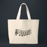 Bolsa Tote Grande Escala de Música Onda e Notas Sacos de Tote<br><div class="desc">Escala de música preta e notas impressas numa bolsa de canvas. Pode personalizá-lo com seu nome ou classe,  ou sua própria declaração "Eu amo música". Obrigado por comprar em CherylsArt no Zazzle.</div>