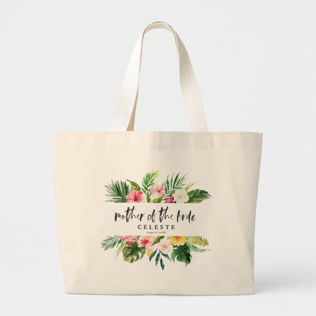 Bolsa Tote Grande Escritura de aquarela tropical mãe da noiva (Frente)