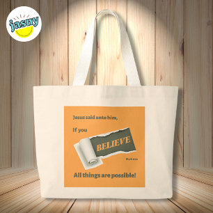 Bolsa Tote Grande Escritura Inspiracional Marca 9:23 Laranja